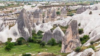 Travel to Turkey - rural landscape with rock houses in Goreme National Park in Cappadocia in spring