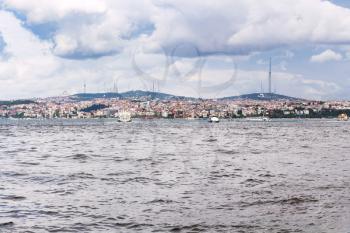 Travel to Turkey - view of Istanbul city on beach of Golden Horn bay in spring
