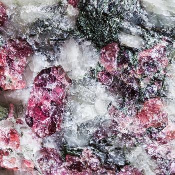 macro shooting of natural texture of syenite stone with pink Eudialyte crystals from Kola Peninsula