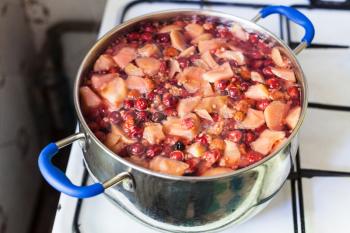 local non-alcoholic sweet beverage Kompot (compote) from fresh apricot fruits, raspberries, cherries in pot on stove in rural kitchen