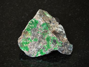 macro shooting of natural mineral - green Uvarovite crystals on raw Chromite stone on black granite from Ural Mountains
