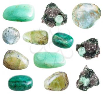 collection of various green Beryl gemstones isolated on white background background from Brazil