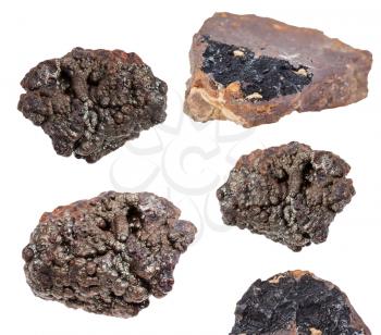 collection of various Goethite stones (brown iron ore) isolated on white background