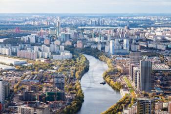 above view of west of Moscow with Moskva river from observation deck at the top of OKO tower in autumn