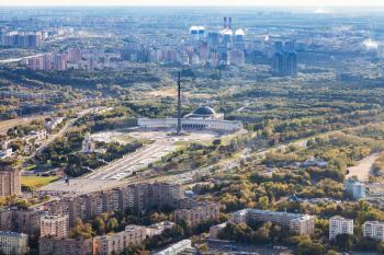 above view of square of memorial complex Victory Park on Poklonnaya Hill in Moscow city from observation deck at the top of OKO tower in autumn