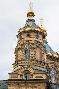 travel to Caucasian Mineral Waters region - tower of entrance of Orthodox Parish of the Temple of the Holy Righteous Lazarus Four Day in Pyatigorsk city