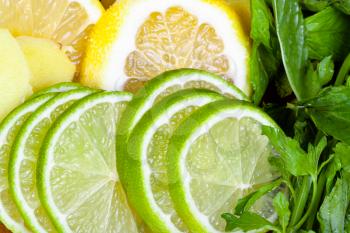 food background - cocktail ingredients, thin sliced fresh limes, lemons and ginger with green mint leaves close up