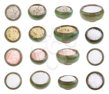 collection from ceramic salt cellar with various salts isolated on white background