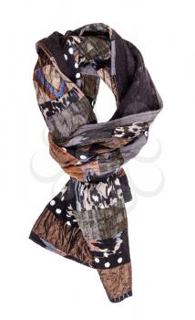 tied handmade brown patchwork scarf isolated on white background