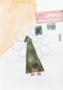 abstract art - girl in green coat and hat on street on winter day hand painted by watercolour paints on white textured paper