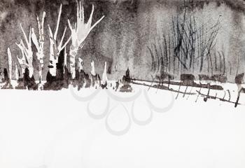 birch grove on outskirts of village in winter hand painted by watercolour paint on old textured paper