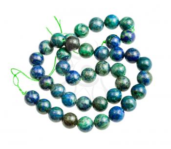 string from polished azurite with malachite balls isolated on white background