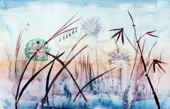 meadow with blowball at sunset close up hand-drawn by watercolours on white paper