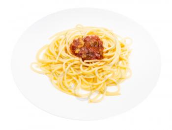 served Spaghetti alla Sorrentina on white plate isolated on white background