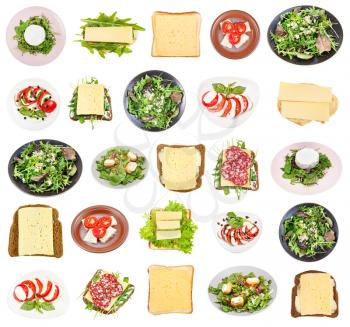 collection of various snack and salads with cheeses isolated on white background
