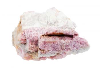 macro photography of sample of natural mineral from geological collection - unpolished pink Tourmaline mineral in feldspar and quartz rock isolated on white background