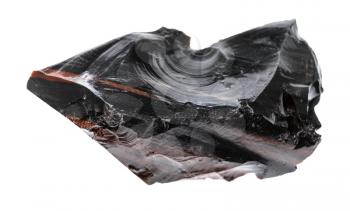 macro photography of sample of natural mineral from geological collection - unpolished Obsidian (volcanic glass) isolated on white background