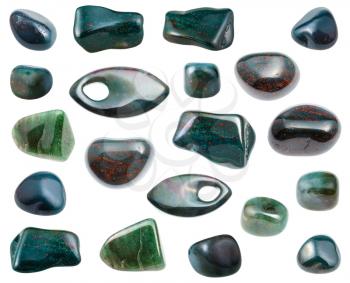geological collection of natural samples of natural rocks with polished Heliotrope (Bloodstone) gem stones isolated on white background