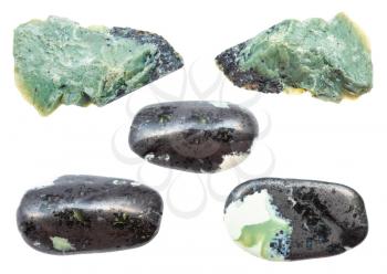 collection of Teisky Jade (Hantigyrite, khakassian serpentine) stones from Magnetite Serpentine Hematite natural minerals isolated on white background