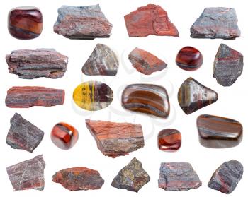 collection of various Jaspillite (Jaspilite) natural mineral gem stones and samples of rock isolated on white background