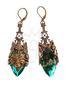 handmade vintage earrings from vitage brass clips and faceted green quartz glass isolated on white background