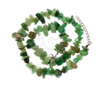 top view of spiral necklace from natural tumbled green aventurine gemstone isolated on white background