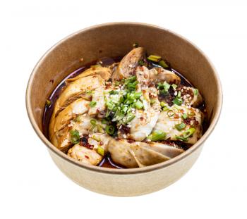 portion of Sichuan style chicken (pieces of boiled chicken with spicy sauce from chili, garlic, cilantro, dongu sauce and chopped green onions and sesame) in paper bowl isolated on white background