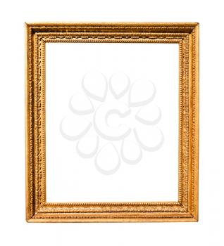 vertical old vintage wooden painting frame with cutout canvas isolated on white background