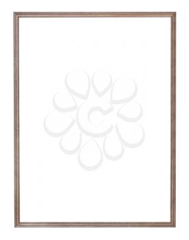 empty narrow wooden picture frame with cut out canvas isolated on white background