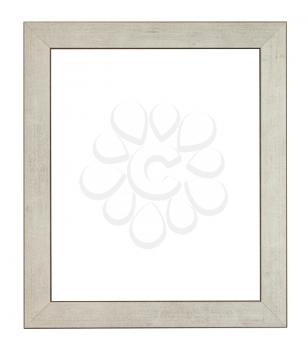 empty flat gray wooden picture frame with cut out canvas isolated on white background