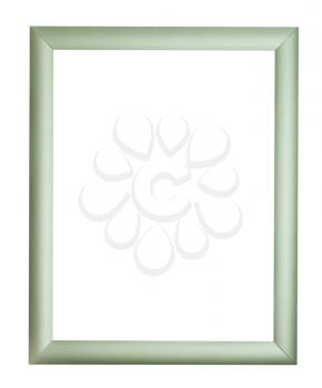 empty modern green silver wooden picture frame with cut out canvas isolated on white background