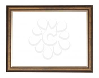 empty bronze wooden picture frame with cut out canvas isolated on white background