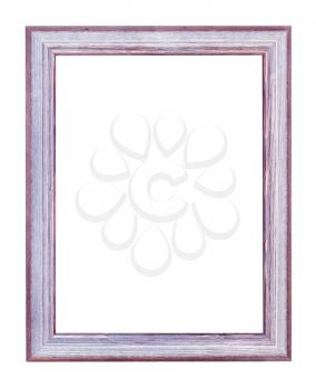 empty purple and silver painted wooden picture frame with cut out canvas isolated on white background