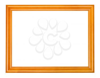 empty wide varnished wooden picture frame with cut out canvas isolated on white background