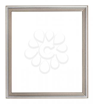 empty classic silver wooden picture frame with cut out canvas isolated on white background