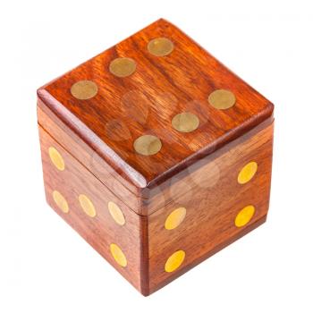 wooden box in the shape of a dice isolated on white background