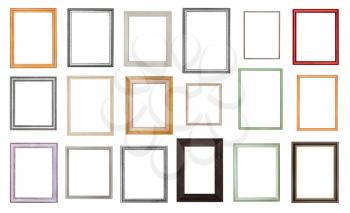 set from various empty wooden picture frames with cut out canvas isolated on white background