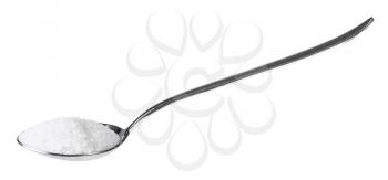 side view of tablespoon with grained Rock Salt isolated on white background