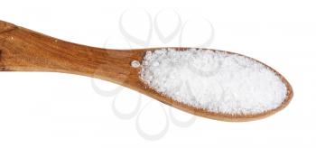 wooden salt spoon with grained Rock Salt close up isolated on white background