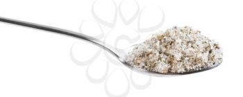 side view of steel teaspoon with seasoned salt with spices and dried herbs close up isolated on white background
