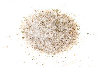 top view of pile of seasoned salt with spices and dried herbs on white background