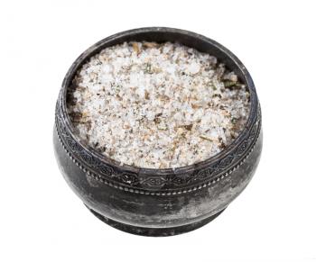 old silver salt cellar with seasoned salt with spices and dried herbs isolated on white background
