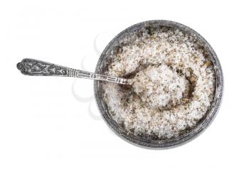 top view of old silver salt cellar with spoon with seasoned salt with spices and dried herbs isolated on white background