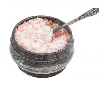 old silver salt cellar with spoon with pink Himalayan Salt isolated on white background