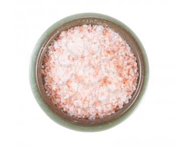 top view of ceramic salt cellar with pink Himalayan Salt isolated on white background