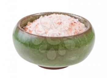 side view of ceramic salt cellar with pink Himalayan Salt isolated on white background