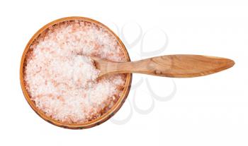 top view of wooden salt cellar with spoon with pink Himalayan Salt isolated on white background