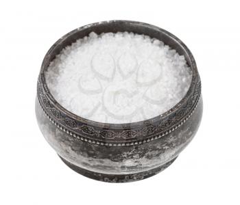 old silver salt cellar with grained Rock Salt isolated on white background