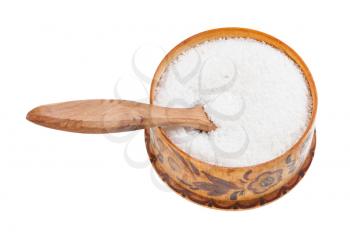 wooden salt cellar with spoon with grained Rock Salt isolated on white background