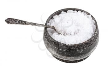 old silver salt cellar with spoon with coarse grained Sea Salt isolated on white background